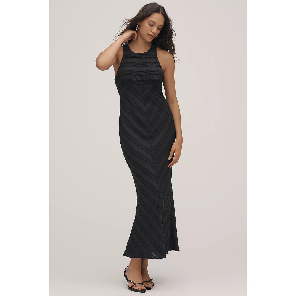 Maeve Anthropologie Black Textured Chevron Sleeveless Slip Midi Dress NWT